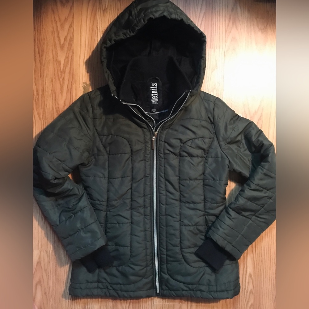 Details Int Quilt Lined Winter Jacket Green Hooded Zip Up Puffer Coat